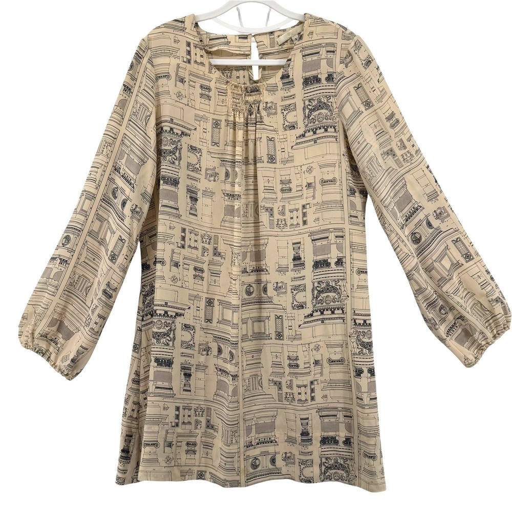Erica Tanov Silk Architectural Print Shift Dress Beige Black Size 3 (12) Large